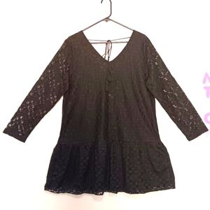 NWT Velzera Boho Tassel Tie Mini Dress lace ruffle Long Sleeve Black Sz L, Party